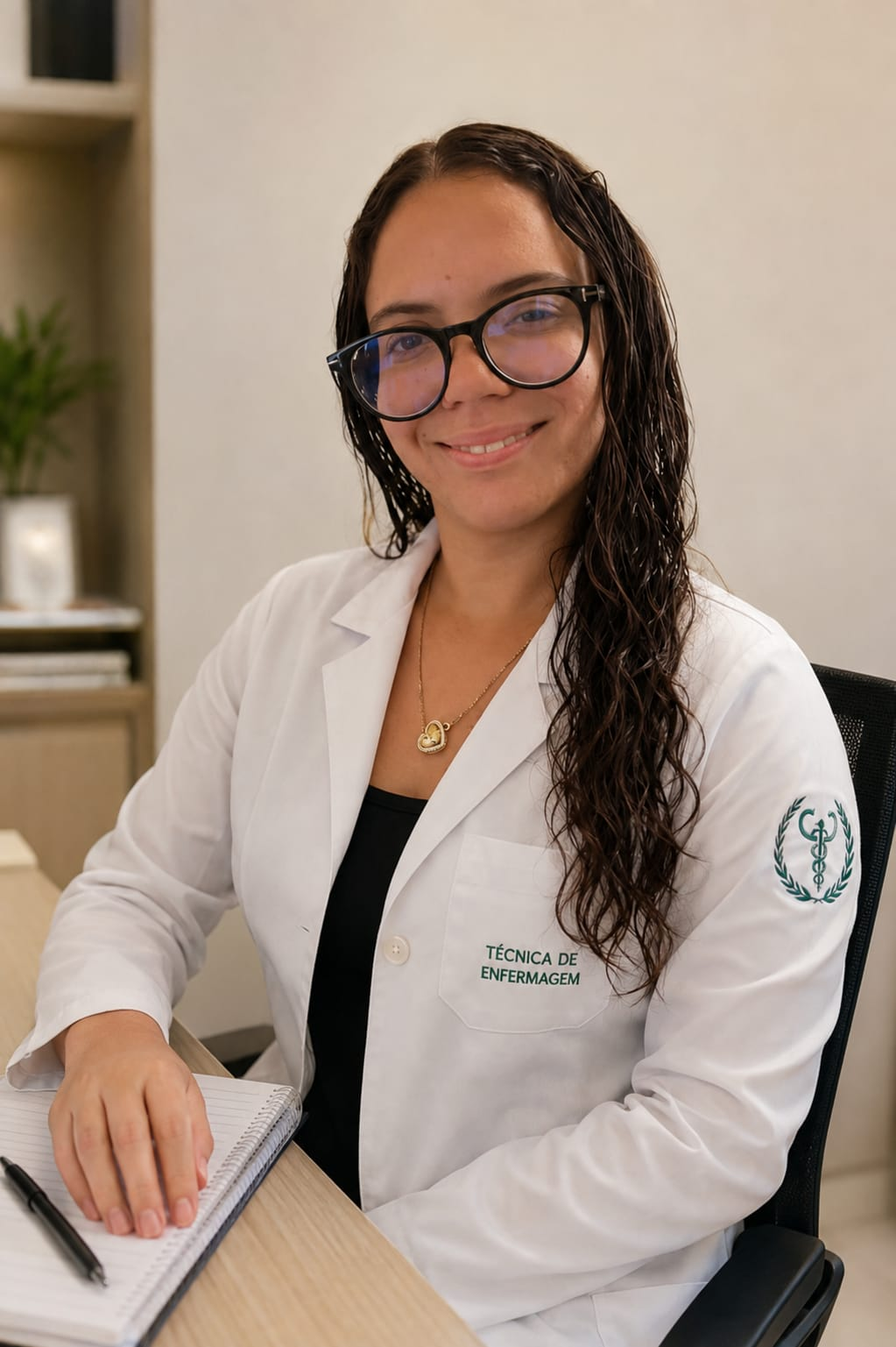 Maria Eduarda Vitorino usando jaleco de Técnica de Enfermagem
